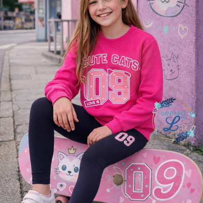 Rapaz jovem com roupas rosa e preta sentada num skate com desenho de gato