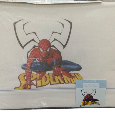 Caixa de embalagem branca com imagem do Homem-Aranha e logótipo de aranha preta