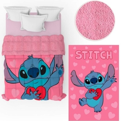 Conjunto de cama rosa com estampado Stitch a segurar coração vermelho