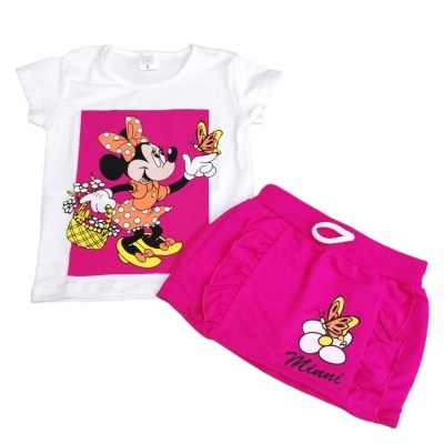 Conjunto infantil com t-shirt branca estampada da Minnie Mouse e saia rosa choque