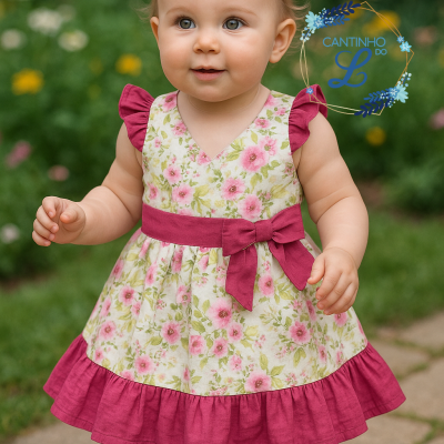 Vestido floral de bebé com detalhes em rosa escuro