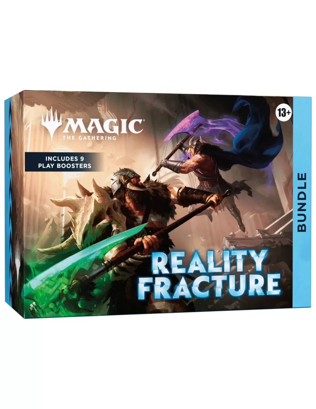MTG Reality Fracture Bundle - EN Embalagem do jogo Magic The Gathering com duas figuras de fantasia em combate e texto do produto.