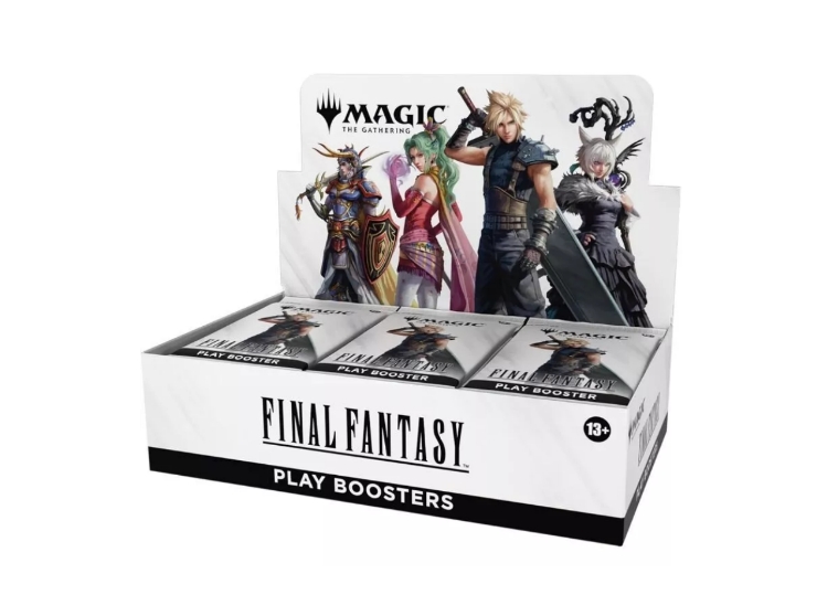 MTG Final Fantasy Play Booster Box - EN Expositor com packs de cartas Magic Final Fantasy Play Boosters com quatro personagens ilustrados.