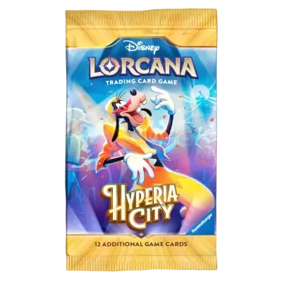 Pacote de cards Disney Lorcana Hyperia City com personagem Goofy colorido