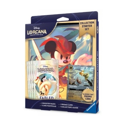 Conjunto inicial Disney Lorcana com cartas de jogo e embalagem colorida