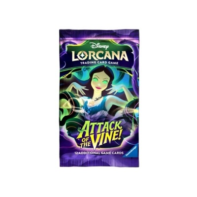 Embalagem de cartas Disney Lorcana Attack of the Vine com personagem e fundo azul e roxo.