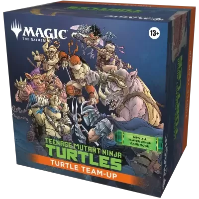 Caixa do jogo Magic The Gathering Teenage Mutant Ninja Turtles Turtle Team-Up com ilustração dos personagens e texto de modo cooperativo para 2-4 jogadores.