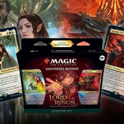 Kit Magic The Gathering Universes Beyond Lord of the Rings com duas decks e cartas Aragorn and Arwen e Sauron.