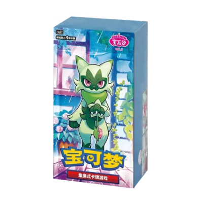 Caixa de jogo de cartas de Pokémon com personagem verde e texto em chinês