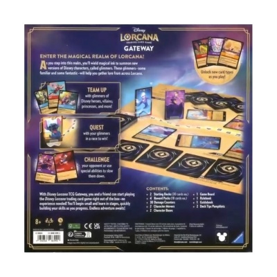 Embalagem do jogo de cartas Disney Lorcana com cartas coloridas, tabuleiro e texto em inglês