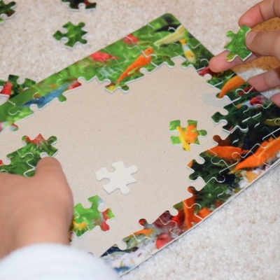 Quebra-cabeças colorido com imagem de peixes em fundo verde a ser montado no chão.