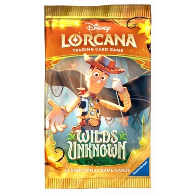 Pacote de cartas Disney Lorcana com personagem Woody e texto Wilds Unknown