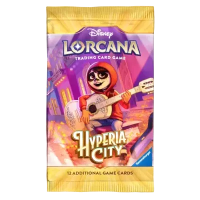 Pacote de cartas Disney Lorcana Hyperia City com personagem e guitarra