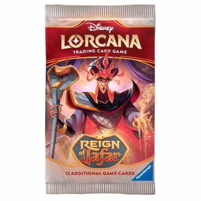 Pacote de cartas Disney Lorcana com personagem Jafar e texto Reign of Jafar