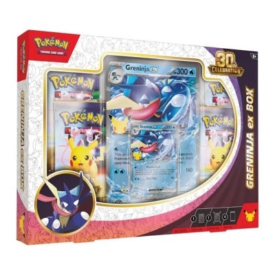 Caixa de coleção Pokémon com cartas de Greninja EX e Pikachu em embalagem colorida