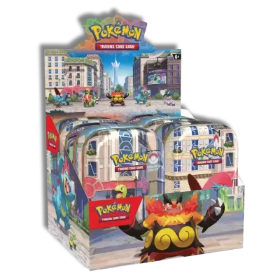 Caixa exposição latas metálicas Pokémon Trading Card Game com personagens Pokémon e fundo urbano