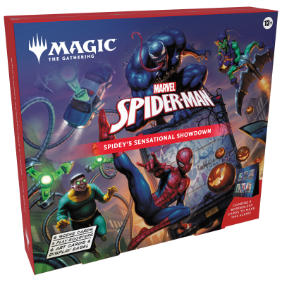Caixa de jogo Magic Marvel Spider-Man com personagens Spider-Man e vilões em fundo urbano
