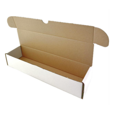 Caixa de cartão branca aberta com interior castanho claro