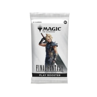 Pacote de cartas Magic Final Fantasy Play Booster branco com personagem e texto.