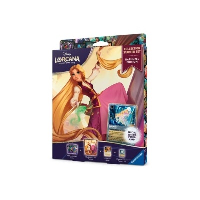 Conjunto inicial de cartas colecionáveis Disney Lorcana Rapunzel com ilustração da personagem e texto