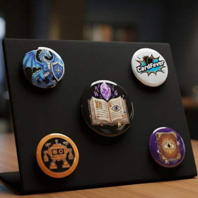 Cinco pins redondos com designs variados expostos num suporte preto