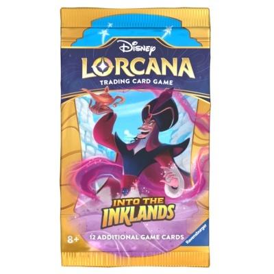 Pack de cartas Disney Lorcana com personagem e lâmpada, texto INTO THE INKLANDS, 12 ADDITIONAL GAME CARDS, 8+, Ravensburger
