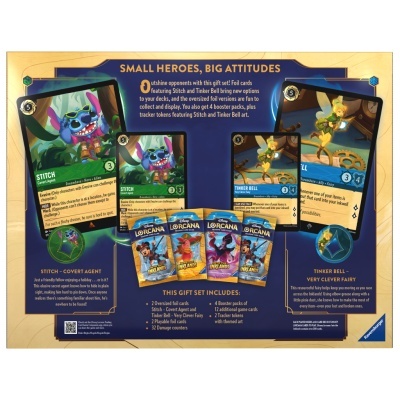 Embalagem do jogo Disney Lorcana com cartas de Stitch e Sininho e packs de boosters