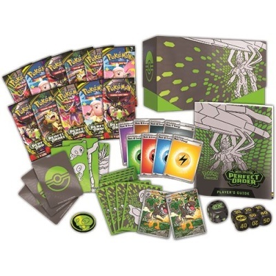 Conjunto de cartas Pokémon Perfect Order com guia, dados, marcador e caixa decorada