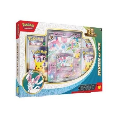 Pacote Pokémon Trading Card Game Sylveon EX Box com cartas visíveis de Sylveon e Pikachu