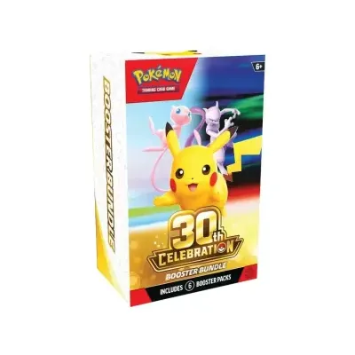 Caixa do jogo Pokémon 30th Celebration Booster Bundle com Pikachu, Mew e Mewtwo