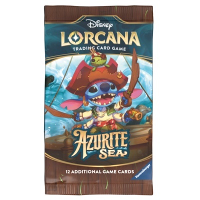 Pack de cartas Disney Lorcana Azurite Sea com personagem Stitch pirata e texto informativo.