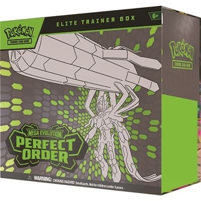 Caixa Pokémon Elite Trainer Box Mega Evolution Perfect Order com design em verde e cinza