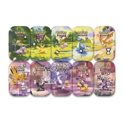 Caixas metálicas do Pokémon Trading Card Game com ilustrações de diferentes Pokémon e cenários