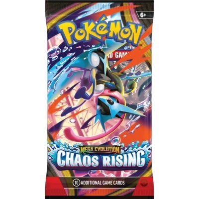 Pacote colorido de cartas de jogo Pokémon Chaos Rising com texto e imagens abstratas