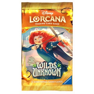Pacote de cartas Disney Lorcana Trading Card Game com ilustração de personagem e texto WILDS UNKNOWN