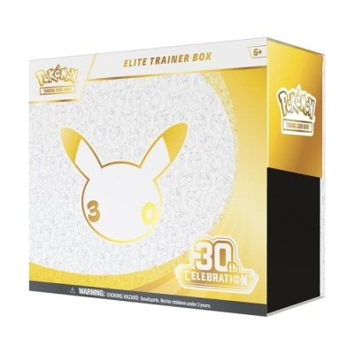 Caixa da Elite Trainer Box edição 30 anos de Pokémon em dourado e branco