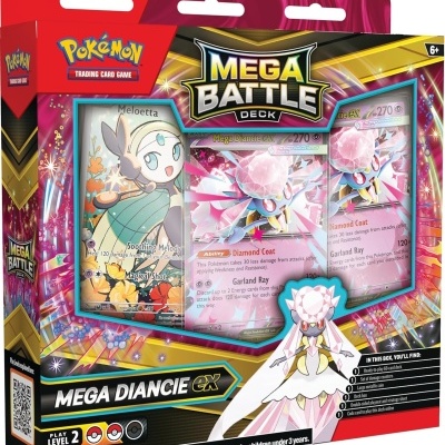 Caixa de jogo de cartas Pokémon Mega Battle Deck Mega Diancie EX colorida e ilustrada