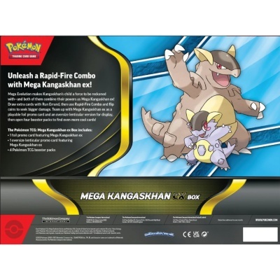Embalagem do jogo Pokémon TCG com Mega Kangaskhan ex e texto promocional