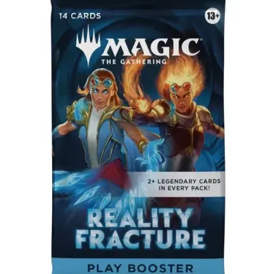 Pacote de cartas Magic: The Gathering Reality Fracture com personagens e texto promocional.