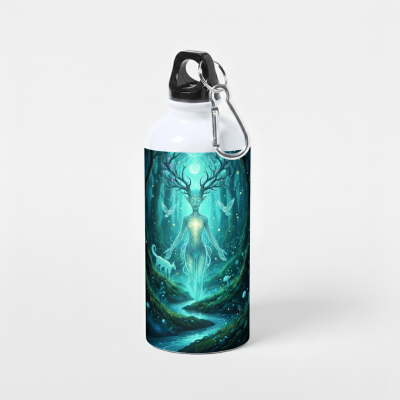 Garrafa de metal branca com decoração de figura etérea azul em floresta