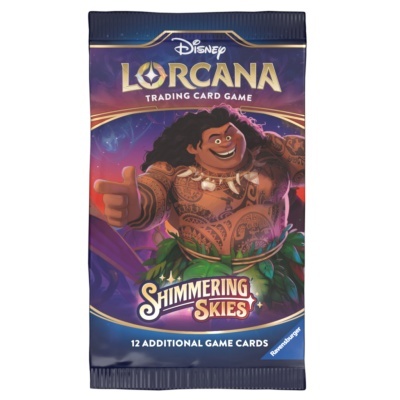 Pacote de cartas Disney Lorcana Shimmering Skies com personagem tatuado em fundo azul e roxo