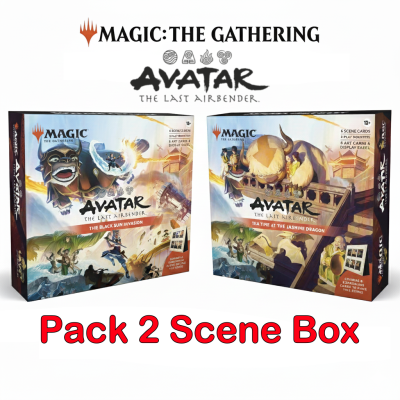 Duas caixas do jogo Magic: The Gathering Avatar The Last Airbender com arte e texto, em fundo branco, com texto vermelho Pack 2 Scene Box