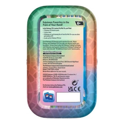 Lata metálica retangular colorida com texto sobre produto Pokémon TCG Lumiose City Mini Tin