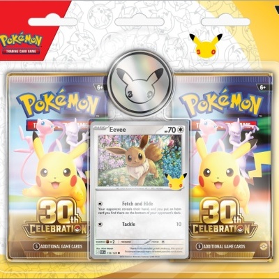 Pack de cartas Pokémon 30th Celebration com carta Eevee e ficha metálica Pikachu