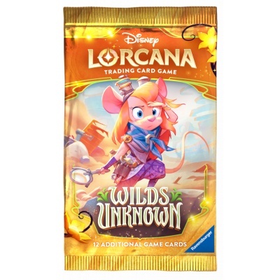 Pacote de cartas Disney Lorcana Wilds Unknown com personagem rato animado e texto informativo