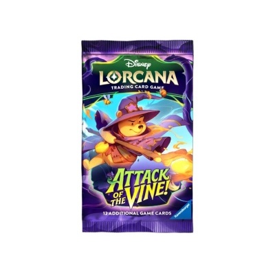 Pacote de cartas Disney Lorcana com ilustração de personagem feiticeiro e texto Attack of the Vine