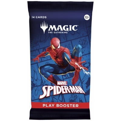 Pacote azul de cartas Magic The Gathering Spider-Man Marvel com Homem-Aranha em destaque