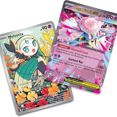 Cartões de Pokémon Mega Diancie ex e Meloetta em papel brilhante com ilustrações coloridas