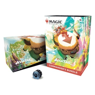 Caixas coloridas do jogo Magic The Gathering com arte de Avatar e dado de jogo