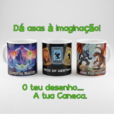 Três canecas brancas com designs de fantasia e texto relacionado a jogos.